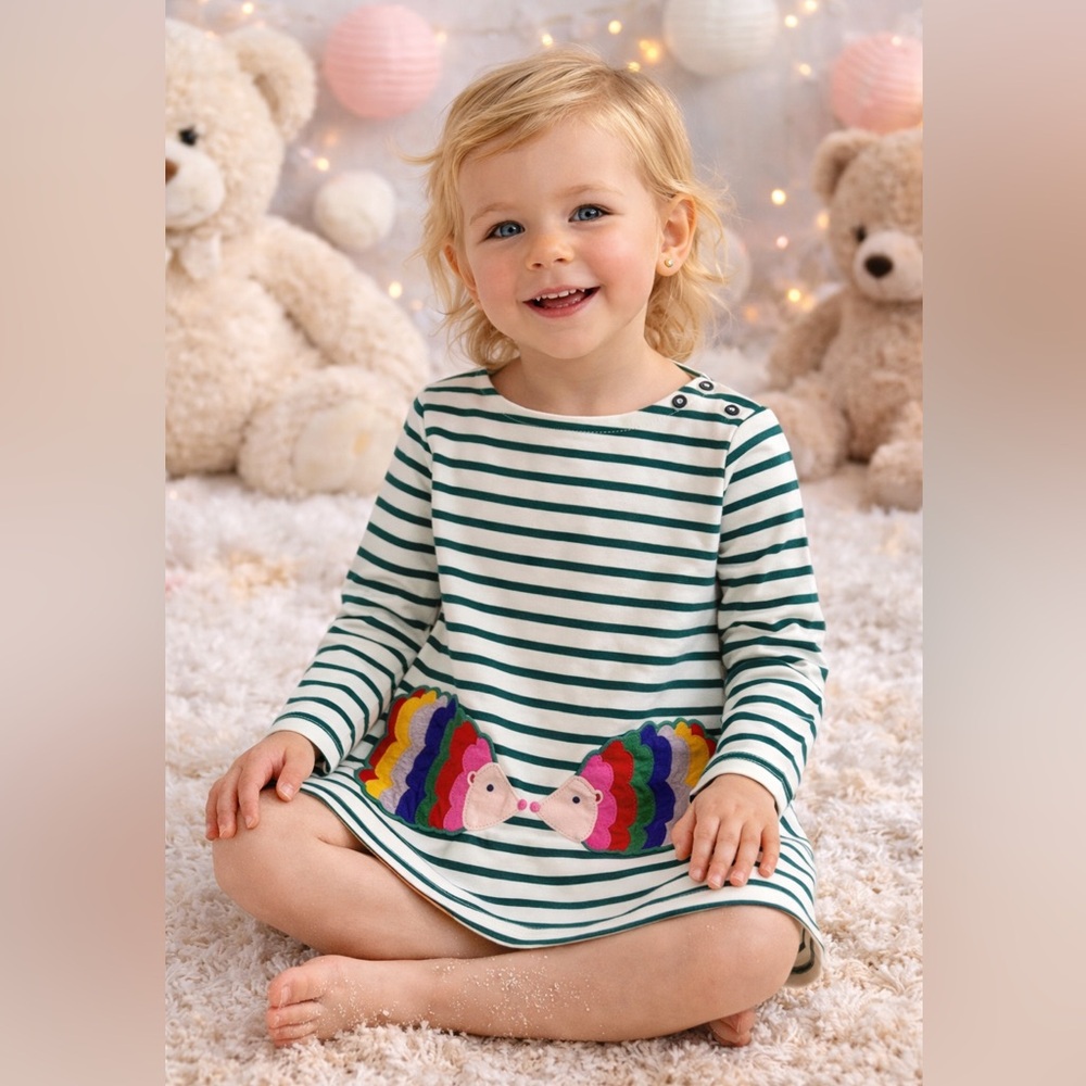 NWT Mini Boden Green and White Striped Shirt with Colorful Hedgehogs